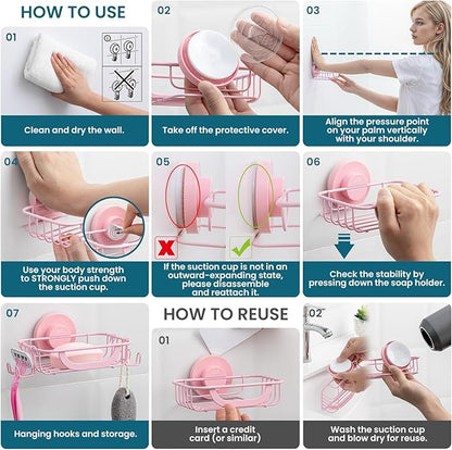 TAILI Soap Bar Holder Dish with Hooks, Shower Soap Tray Saver Suction Cup with Razor Holder for Wall, Rustproof Stainless Steel Bath Shampoo Caddy for Bathroom Accessories Organizer,Pink