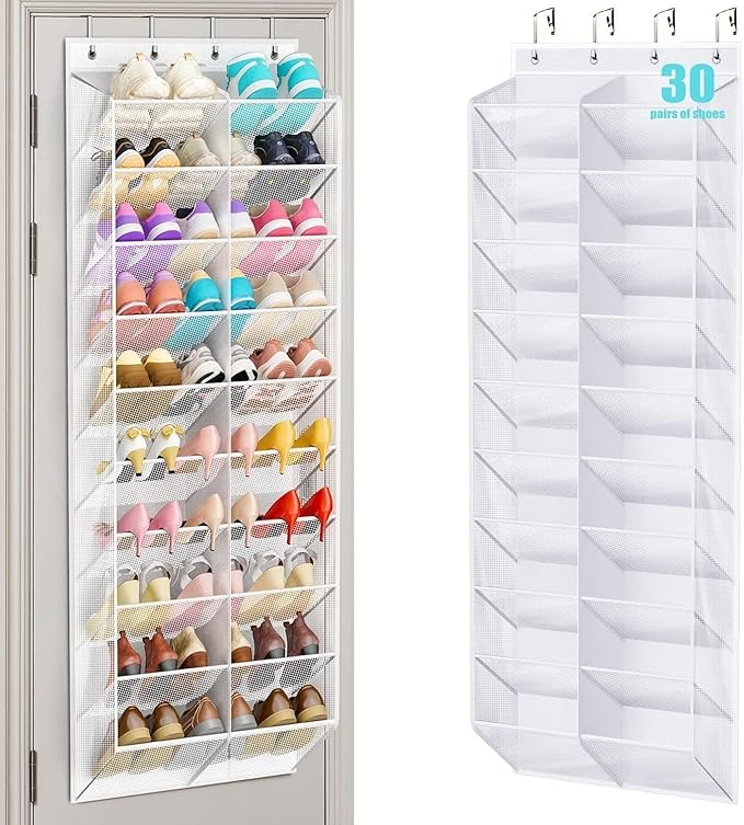 30 Pairs Over the Door Shoe Organizer, Hanging Shoe Organizer with 4 Metal Hooks, Large Capacity Breathable Mesh Shoe Rack for Closet Door, Multi-Pocket Storage for Shoes, Hats, Toys, Towels (White)