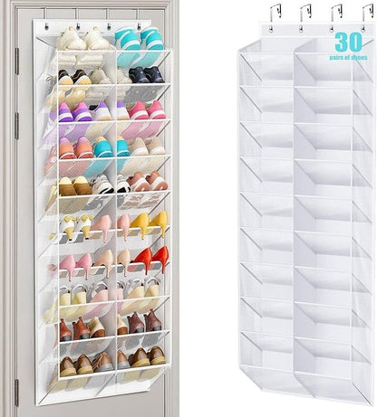 30 Pairs Over the Door Shoe Organizer, Hanging Shoe Organizer with 4 Metal Hooks, Large Capacity Breathable Mesh Shoe Rack for Closet Door, Multi-Pocket Storage for Shoes, Hats, Toys, Towels (White)