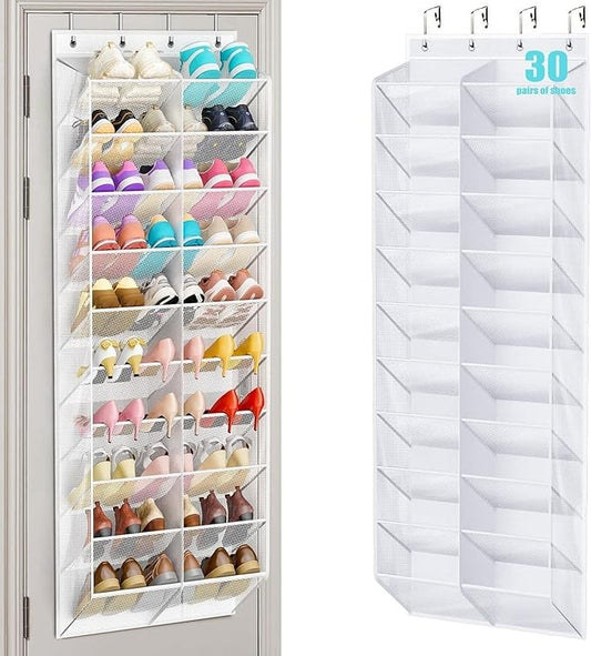 30 Pairs Over the Door Shoe Organizer, Hanging Shoe Organizer with 4 Metal Hooks, Large Capacity Breathable Mesh Shoe Rack for Closet Door, Multi-Pocket Storage for Shoes, Hats, Toys, Towels (White)