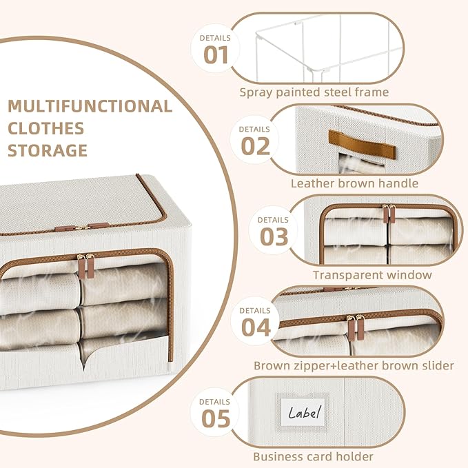 FHSQX 6 Pack Clothes Storage Bins - Foldable Storage Bins for Clothes Fabric Storage Box with Metal Frame (Cream White, 19.7x15.7x13.8 inch)