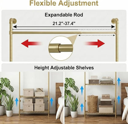 Wall Mounted Closet System – Adjustable Clothing Rack with 6 Hanging Clothes Rods( 4 Expandable Rods) & 6 Shelves, Heavy Duty Industrial Pipe Clothes Rack for Closet Organizer and Storage, Gold