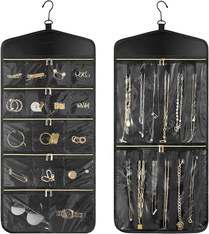 CHICECO Travel Jewelry Holder Organizer,Hanging Jewelry Organizer Storage with Zippered Pockets for Cloest,Jewelry Holder for Earrings, Necklaces（Black）