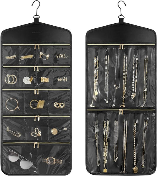 CHICECO Travel Jewelry Holder Organizer,Hanging Jewelry Organizer Storage with Zippered Pockets for Cloest,Jewelry Holder for Earrings, Necklaces（Black）