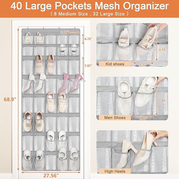 FENTEC 40 Large Pockets Over The Door Shoe Organizer, Mesh Hanging Shoe Organizer Shoe Rack for Closet Mesh Closet Shoe Holder, Over Door Organizer, Shoe Organizer for Wall, Grey, 1 Pack