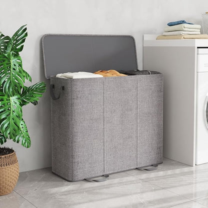Lifewit Triple Laundry Hamper with Lid and Removable Laundry Bags, Large Collapsible 3 Dividers Dirty Clothes Basket with Handles for Bedroom Laundry Room Closet Bathroom College, 185L Gray