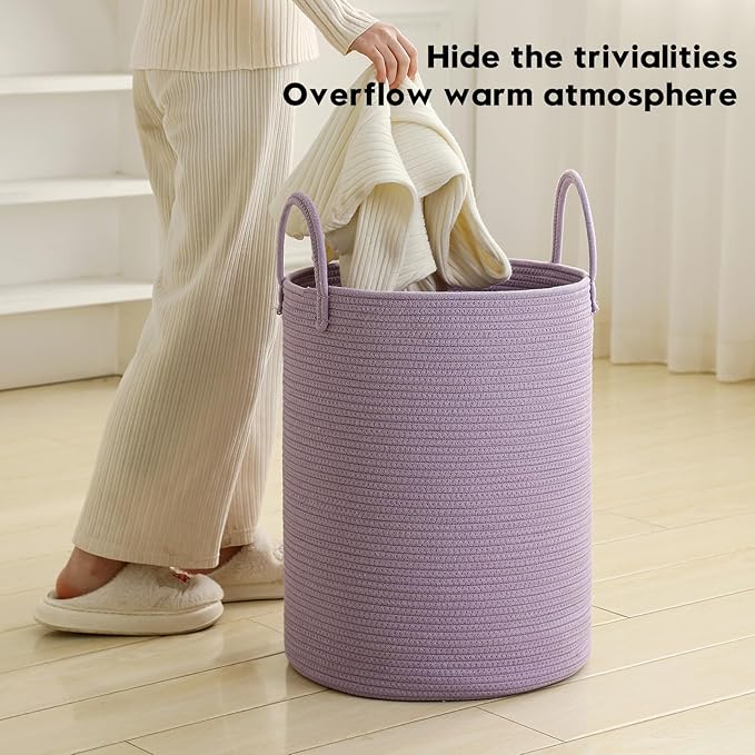 Laundry Basket Hamper Tall Rope Storage Woven for Blanket toys Dirty Clothes in Living Room Bathroom Bedroom (Purple, 60L/15.8Gal)