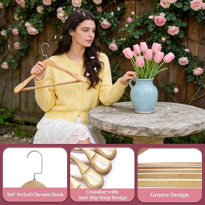 Luxury Wide Shoulder Wooden Coat Hangers with Anti Slip Pants Bar, Solid Wood Thick Jacket Hangers Smooth Finish for Sweater Dress Pants Sport Coats (Natural, 6 Pack), 360° Swivel Pearl Nickel Hook