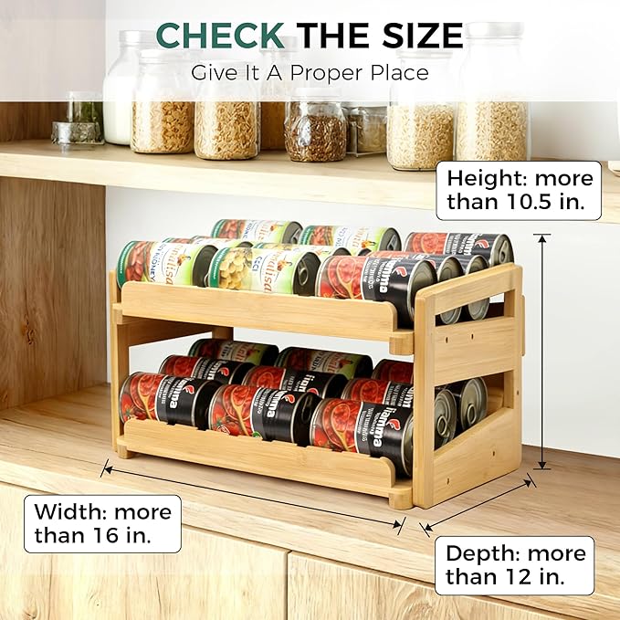 MinBoo Adjustable Can Organizer Rack, Two Tier Bamboo Stackable FIFO Cans Dispenser, Modern Style, Countertop, Assembly Required, Anti Shedding