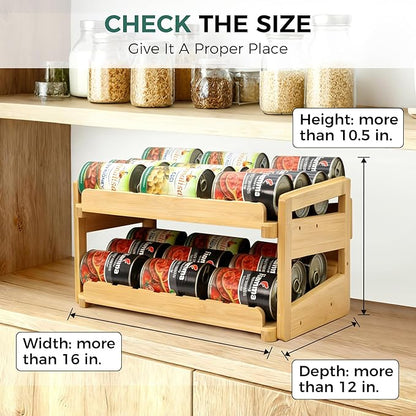 MinBoo Adjustable Can Organizer Rack, Two Tier Bamboo Stackable FIFO Cans Dispenser, Modern Style, Countertop, Assembly Required, Anti Shedding