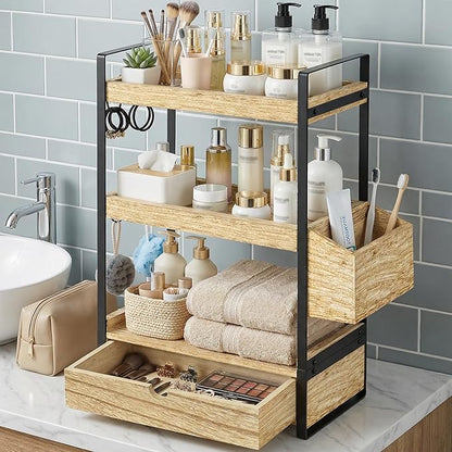 3-Tier Bathroom Counter Organizer with Drawer Basket and Hooks, Wood Bathroom Organizers and Storage for Countertop, Farmhouse Brown Countertop Organizer, Counter Shelf for Vanity, Kitchen,Office