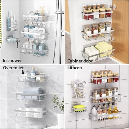 Liuoud 10 Pack Shower Caddy Organizer Rack Shelf for Inside Shower, Self Adhesive Wall Storage Basket Rustproof Stainless Steel Shampoo Holder Bathroom Accessory Decor Set, Silver