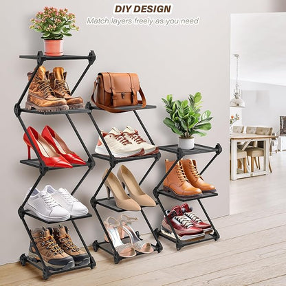 Vertical Shoe Rack 4 Tier Small Shoe Rack Shelf for Entryway Tall Narrow Shoe Organizer Metal Shoe Storage for Closet,Front Door Entrance, Living Room, Black