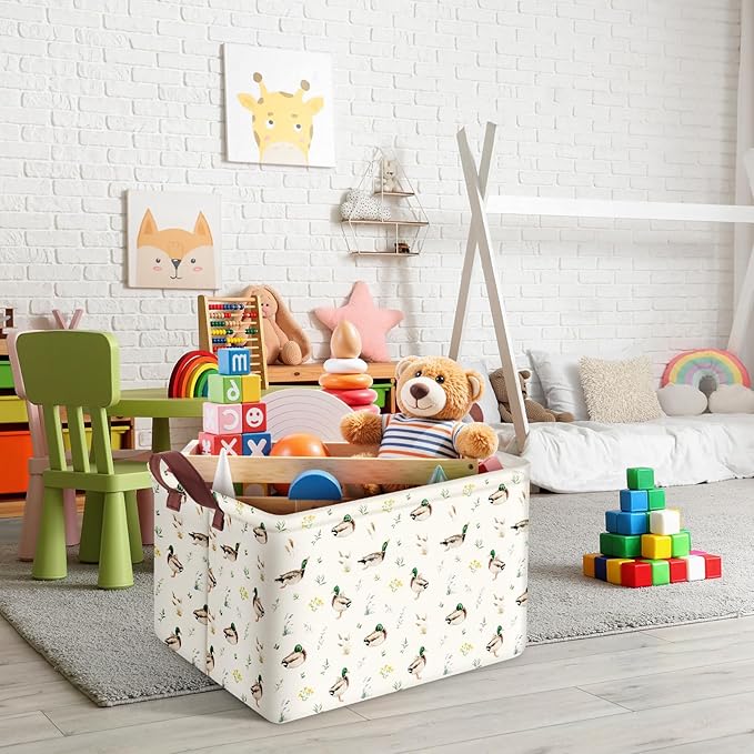 Mallard Duck Storage Basket Collapsible Waterproof Canvas Toy Storage Bin Basket with Leather Handles Farmhouse Wild Green Head Ducks Hunting Nursery Decor for Kids Bedroom Clothes Toys Books