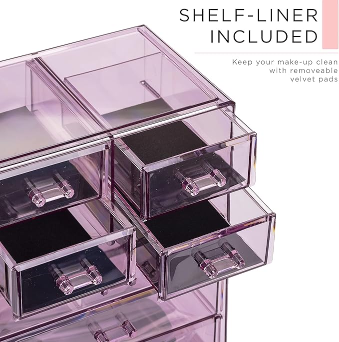Sorbus Acrylic Makeup Organizer Set, 7-Drawer Vanity & Countertop Cosmetic Storage with Small & Wide Compartments, Purple Makeup Storage for Brushes, Jewelry – Holiday Gift for Women & Teens