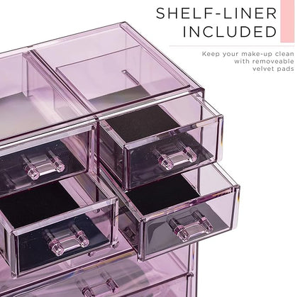 Sorbus Acrylic Makeup Organizer Set, 7-Drawer Vanity & Countertop Cosmetic Storage with Small & Wide Compartments, Purple Makeup Storage for Brushes, Jewelry – Holiday Gift for Women & Teens