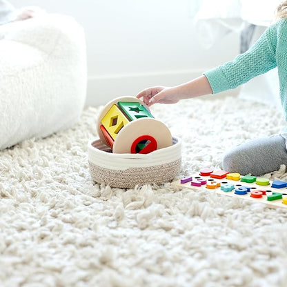 NaturalCozy 5-Piece Round Small Woven Baskets Set– Cotton Rope Baskets for Organizing! Montessori Toys, Fruits Remotes Key Tray Bowl for Entryway Desk, Shallow Catchall Home Décor, Cat Dog Bin Gift