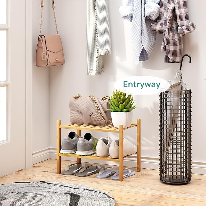 viewcare Small Shoe Rack, 2-Tier Shoe Rack for Entryway, Bamboo Wood Shoe Shelf for Closet & Hallway, Long 17.2IN | Beautiful | Functional | Sturdy | Durable