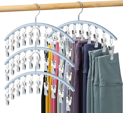 Volnamal Legging Organizer for Closet, Metal Yoga Pants Hanger w/Rubber Coated 4 Pack w/10 Clips Hold 40 Leggings, Hangers Space Saving Hanging for Closet Organizers and Storage, Blue