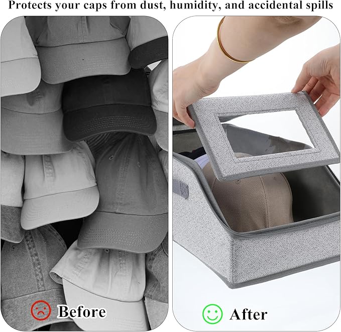 3 Pack Stackable Hat Organizer for Baseball Caps – Holds Up to 36 Caps, Foldable & Portable with Handles, Dust-Proof Fabric Storage Box with Clear Window, Space-Saving Grey Closet Organizer