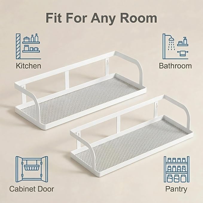 PUSDON 2-Pack 16.5" Extra Long Slim Hollowout Shower Caddy, Wall Mount Spice Rack & Bathroom Organizer, Mesh Bottom Cabinet Door Shelf Holds 50LBS - White, Hollowout