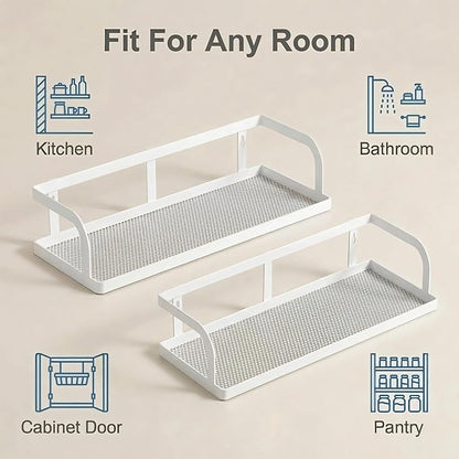 PUSDON 2-Pack 16.5" Extra Long Slim Hollowout Shower Caddy, Wall Mount Spice Rack & Bathroom Organizer, Mesh Bottom Cabinet Door Shelf Holds 50LBS - White, Hollowout