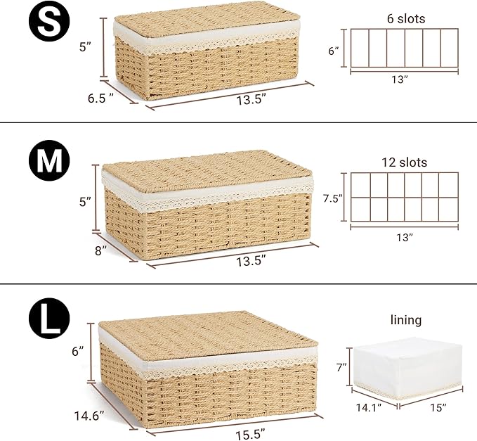 Nonam Large Basket with Lid set of 3, Rattan Divided Baskets Organizer for Shelf, Natural Wicker Storage Basket Bins for Closet, Boho Shelf Decor Covered Basket Home Storage Container