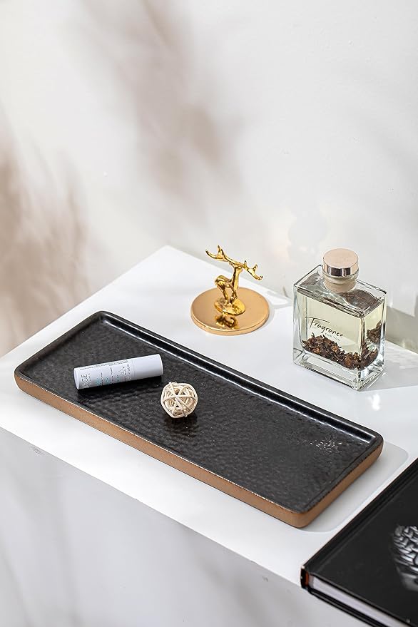 Vanity Tray with Brown Trim, Candle Tray, Bathroom Countertop Perfume Holder Organizer, Decorative for Dresser, Table, Countertop, Home décor, Rectangular, Black, 12''×4.7''