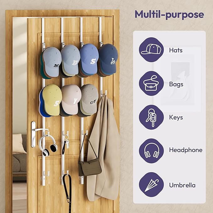 SWTYMIKI Over Door Hat Organizer - 4 Packs Metal Hanging Hat Rack with 16 Hooks Design, Baseball Cap Hanger Organizer Storage Holds up to 80 Caps for Door, Bedroom, Closet