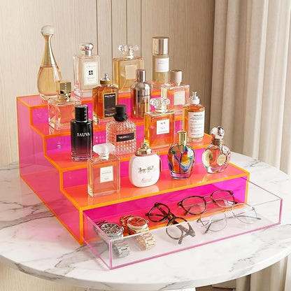 Perfume Organizer for Women Acrylic Perfume Display Shelf with Drawer 4-Tier Makeup Stand for Vanity Cosmetic Display Case, Neon Pink
