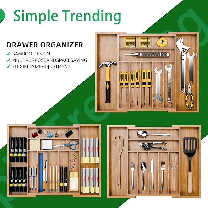 Simple Trending Bamboo Kitchen Drawer Organizer, Expandable Silverware Organizer, Utensil Cutlery Tray for Flatware, Natural