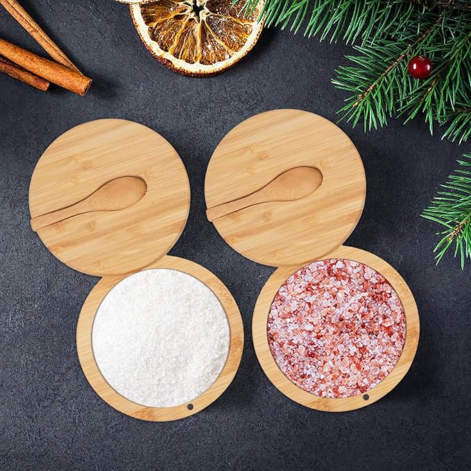 3Pcs Bamboo Salt Cellar, Salt Box Bowl with Magnetic Swivel Lid & Spoon, Round Salt Container Holder Spice Box with Label Stickers to Storage Pepper Spice Sea Herbs Sugar for Countertop,6 OZ