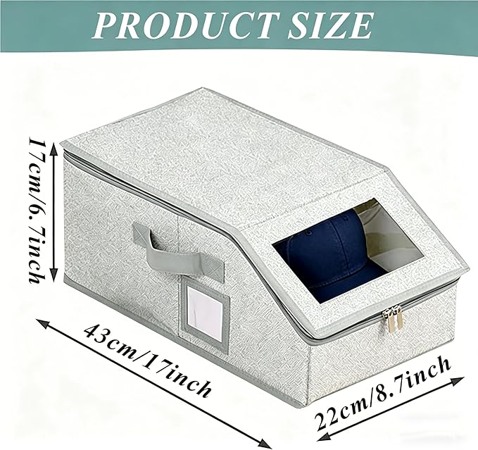 Memfish 2 Pack Baseball Hat Storage Box,Hats Organizer for Baseball Caps,16.1''L x 8.6''W x 6.7''H Baseball Cap Boxes with Clear Window & Cardboard,Holds Up to 24 Caps for Women & Men,Grey