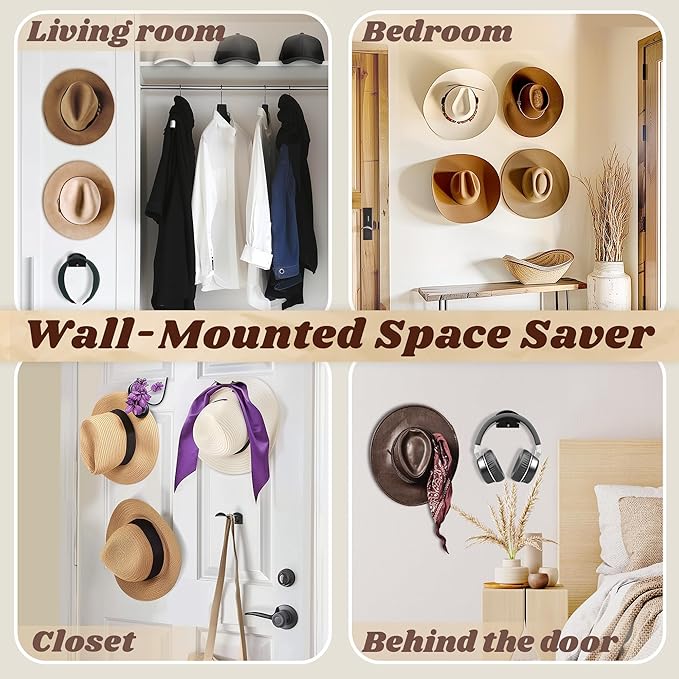 2.9Inch Hat Hooks for Wall - (8 Pack) Cowboy Hat Rack,SuitableSun Hats, Fedora, Wide Brim Hats Strong Hold Hat Hangers for Wall，Western Room Decor- (White)