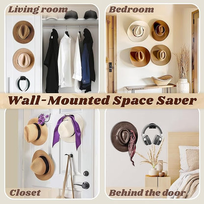 2.9Inch Hat Hooks for Wall - (8 Pack) Cowboy Hat Rack,SuitableSun Hats, Fedora, Wide Brim Hats Strong Hold Hat Hangers for Wall，Western Room Decor- (White)
