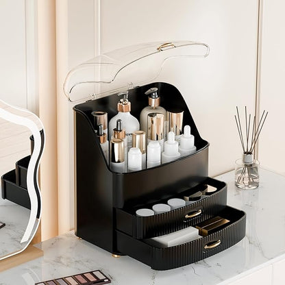 Makeup Organizer Countertop Vanity with Transparent Lid Drawers Waterproof Dustproof Cosmetic Skincare Bathroom Storage Gift for Women Teens Girls (Black)
