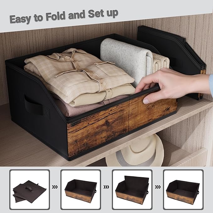 Closet Storage Bins 6 Pack, Trapezoid Fabric Bins with Handles for Shelves, Foldable Storage Boxes for Clothes Toys Hats, With Labels& Chalk Marker for Home Organization Rustic Brown and Black
