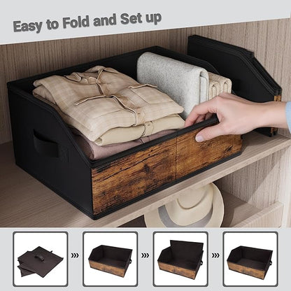 Closet Storage Bins 6 Pack, Trapezoid Fabric Bins with Handles for Shelves, Foldable Storage Boxes for Clothes Toys Hats, With Labels& Chalk Marker for Home Organization Rustic Brown and Black