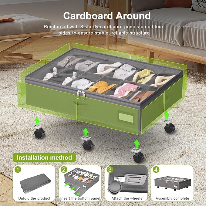 homyfort Under Bed Shoe Storage with Wheels, Fits 24 Pairs, Rolling Shoe Organizer with Bottom Support & Clear Lids, Sturdy Under Bed Storage Box for Shoes, Set of 2, Grey