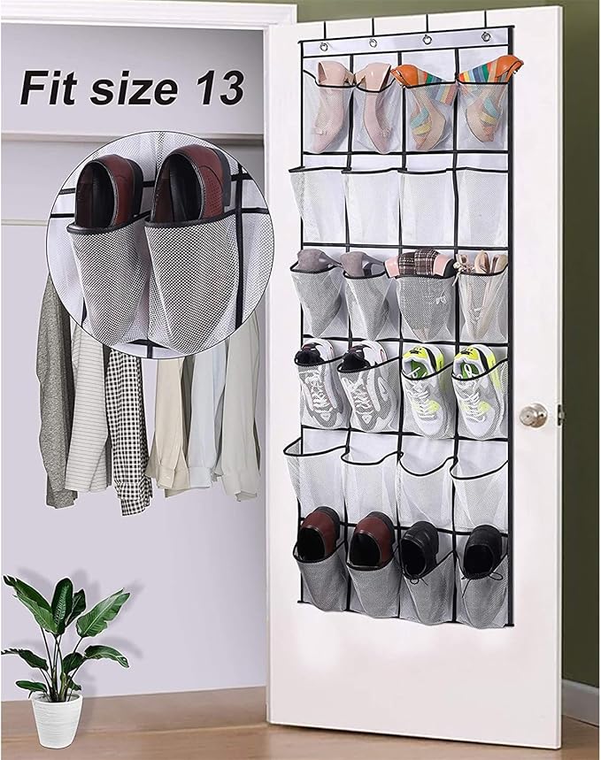 Shoe Rack for Closet Front Door Entrance Entryway Cabinet Hanging Organizer,Shoe Organizers Over The Door Bedroom Bathroom Space Saving Portable Clear 28 Pocket Mesh Breathable Hanger(White)