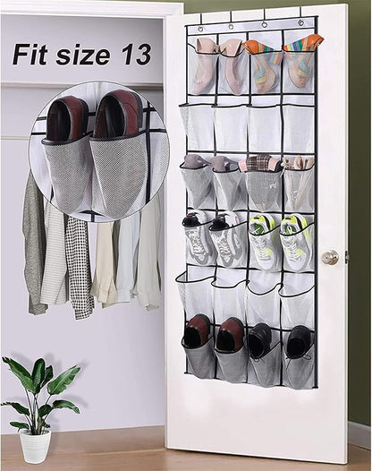 Shoe Rack for Closet Front Door Entrance Entryway Cabinet Hanging Organizer,Shoe Organizers Over The Door Bedroom Bathroom Space Saving Portable Clear 28 Pocket Mesh Breathable Hanger(White)