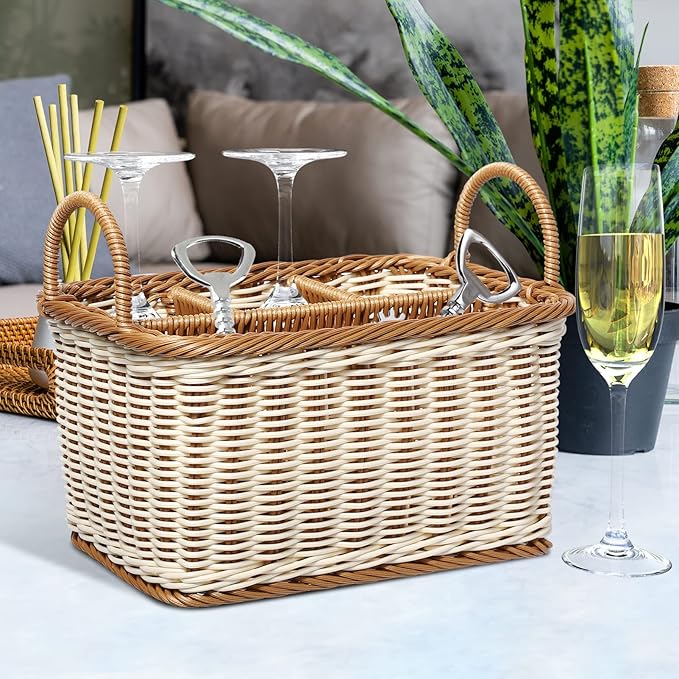 Cabilock Silverware Caddy Woven Basket Cutlery Holder, Napkin and Utensil Picnic Basket Silverware Organizer Utensil Holder for Kitchen Countertop with Handle