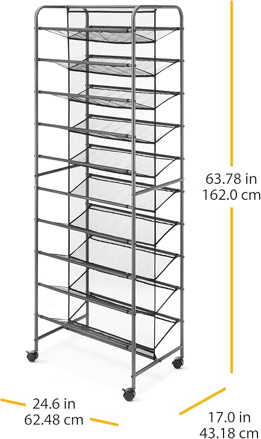 Whitmor 10 Tier Double-Sided Shoe Cart with Lockable Wheels, Gunmetal Rolling Shoe Organizer with Patented Mesh Back, Freestanding Storage for Garage, Bedroom, or Closet, 17" W×24.6" L×63.78" H