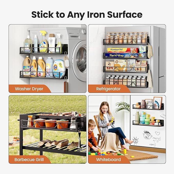Mystozer 16.9 Inch Wide Large Capacity Magnetic Spice Rack for Refrigerator,4 Pack Metal Fridge Shelf Apartment Essentials Fridge Organizer Magnetic Storage Fridge Magnet Organizer(Black)