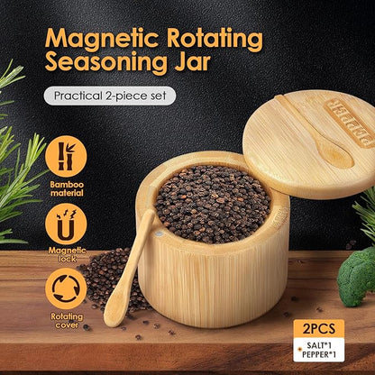 2 Layers Acacia Wood Salt and Pepper Bowl Salt and Pepper Storage Box Salt Container Salt Keeper with Built in Spoon and Magnetic Swivel Lid Dustproof Salt Holder for Kitchen Serving (Wood D)