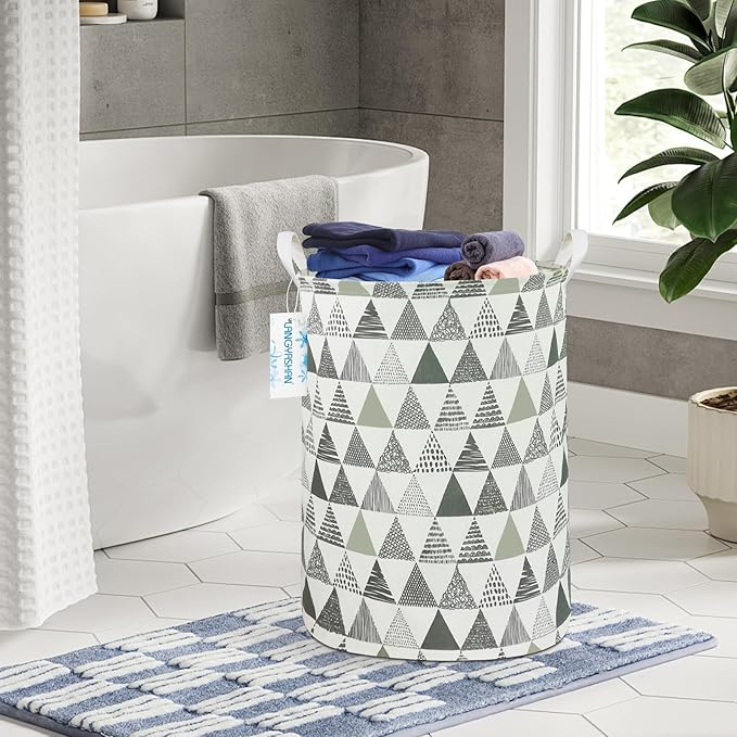 Laundry Basket Canvas Fabric Collapsible Organizer Basket for Storage Bin Toy Bins Gift Baskets Bedroom Clothes Children Nursery Hamper (Grey triangle)