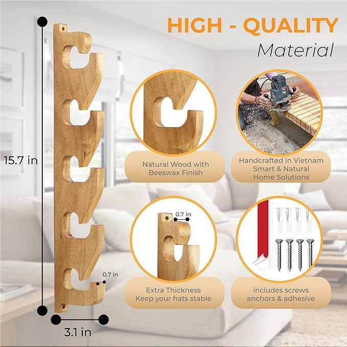 2 Pack Acacia Wood Hat Organizer for Wall, Vertical Baseball Cap Display Rack with 3 Hanging Options, Hat Holder with Adhesive or Screws, Space-Saving Storage for Closet & Entryway