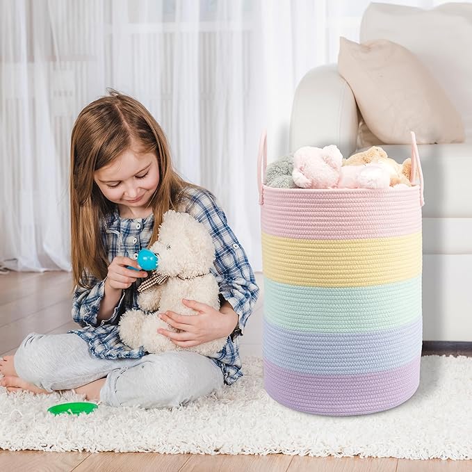 Woven Cotton Rope Laundry basket-15”X20” Laundry Hamper-Rope Storage Basket for Dirty Clothes, Toys and Blankets Perfect for Bathroom, Baby nursery and Living Room Storage (light rainbow)