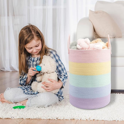 Woven Cotton Rope Laundry basket-15”X20” Laundry Hamper-Rope Storage Basket for Dirty Clothes, Toys and Blankets Perfect for Bathroom, Baby nursery and Living Room Storage (light rainbow)