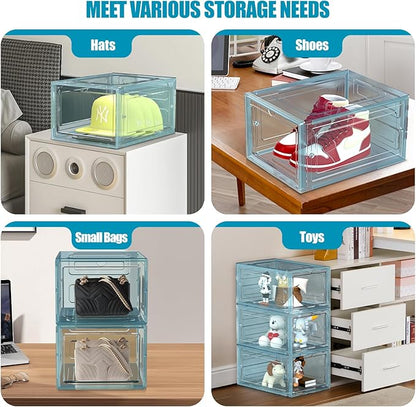 SCAVATA Hat Organizer Box, Stackable Clear Baseball Caps Holder Box Containers with Magnetic Door for Hats Snapback Cap Storag, Hat Rack Display Case, Holds 8 Hats Each (Blue, 2 Pack)